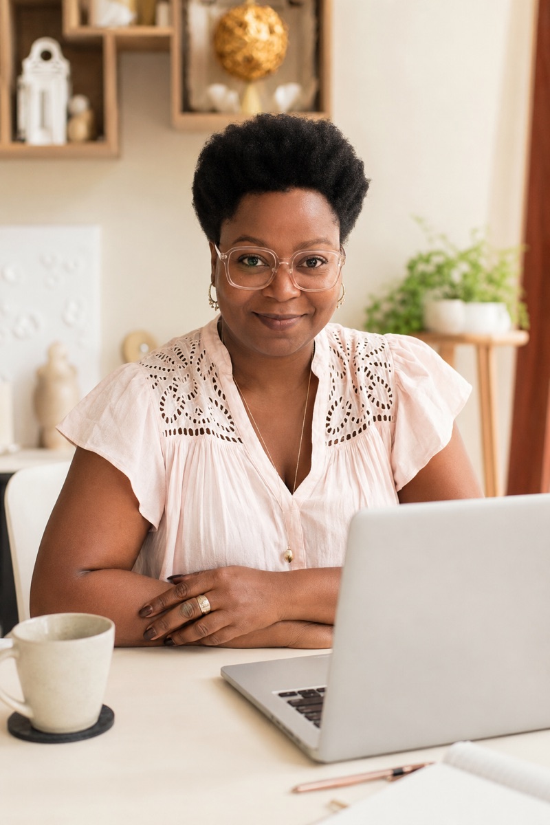 Myrlande Jean-Pierre au bureau, devant son ordinateur