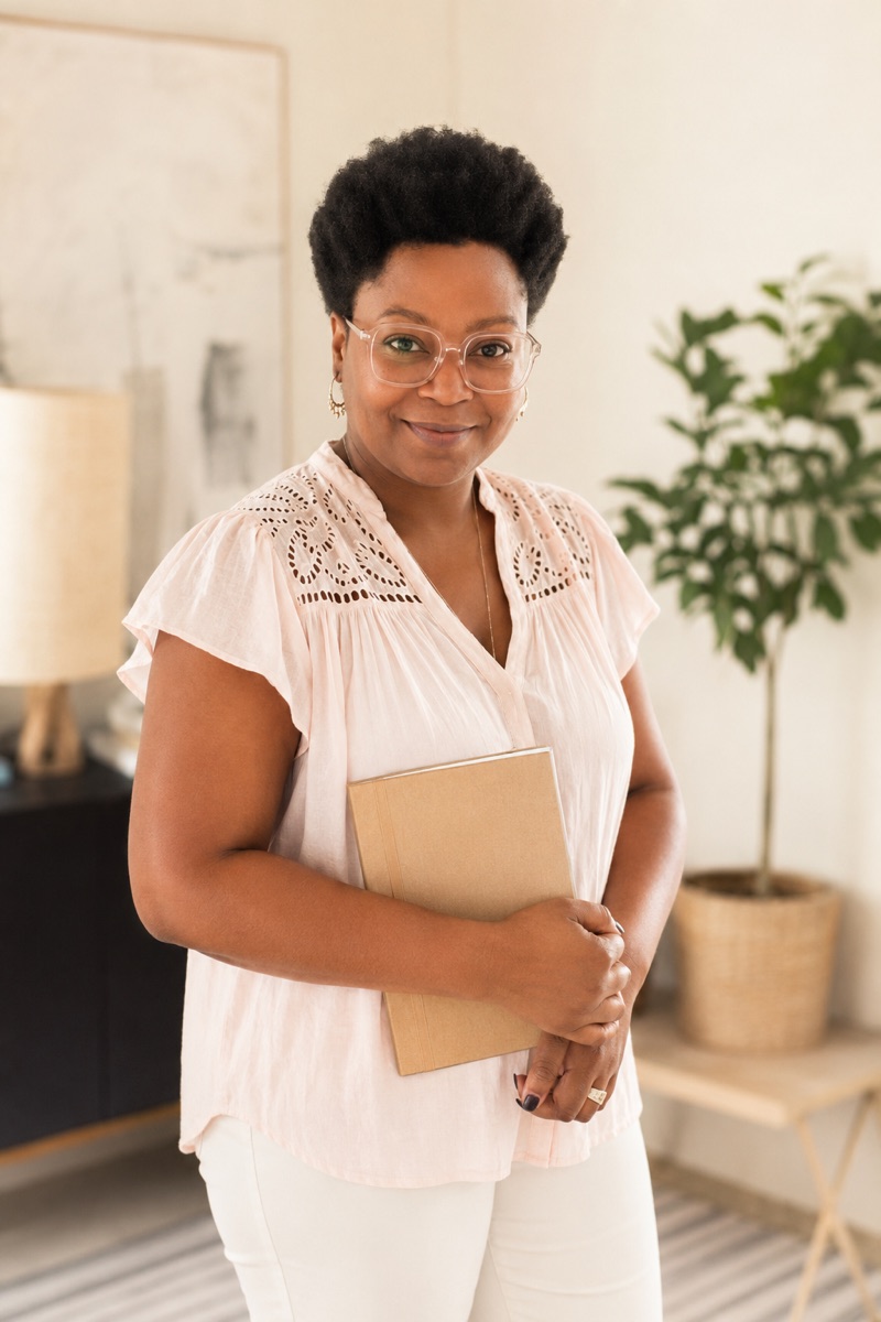 Myrlande Jean-Pierre, office manager freelance à Paris, debout avec un carnet