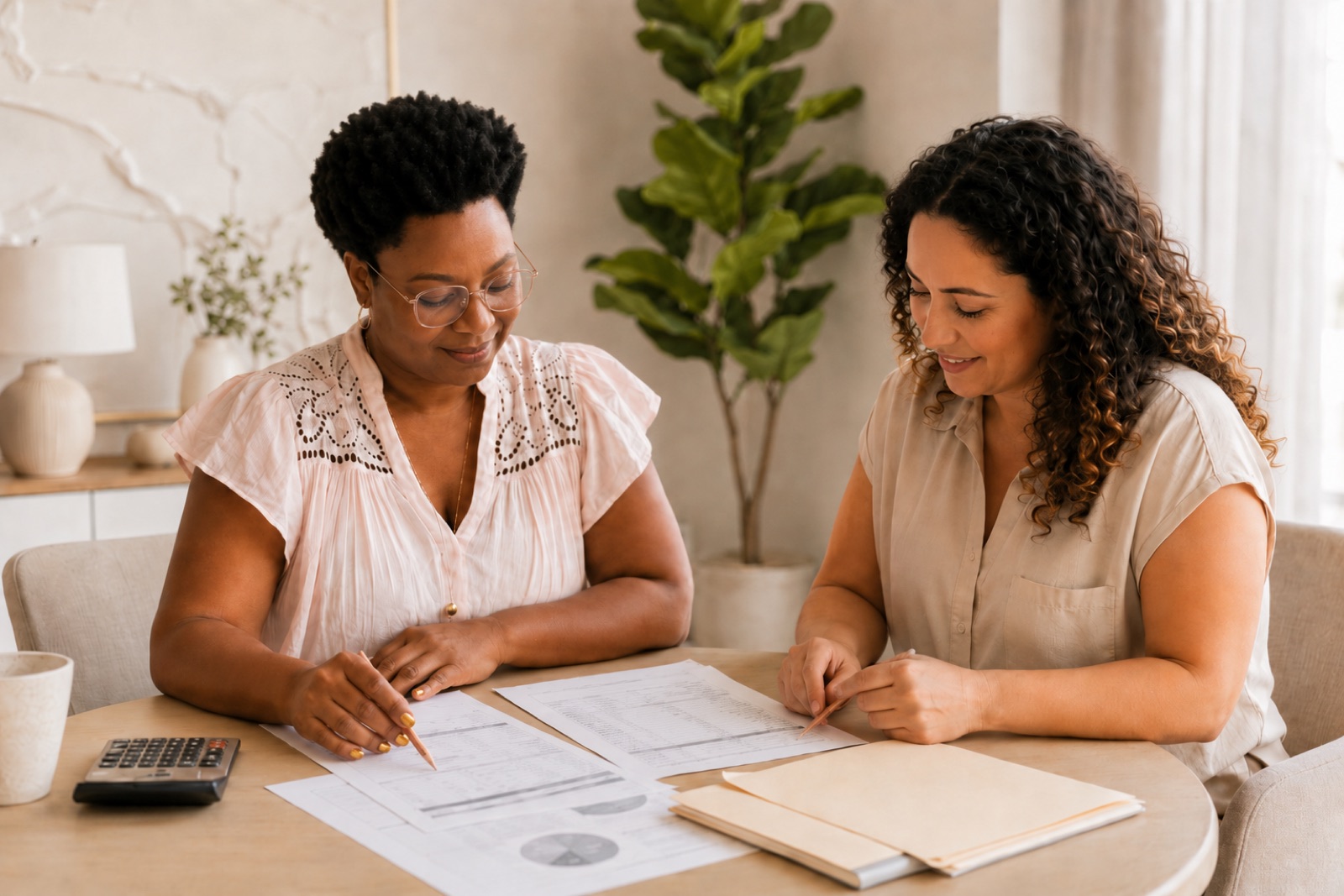 Myrlande Jean-Pierre en réunion avec une cliente, étudiant des documents